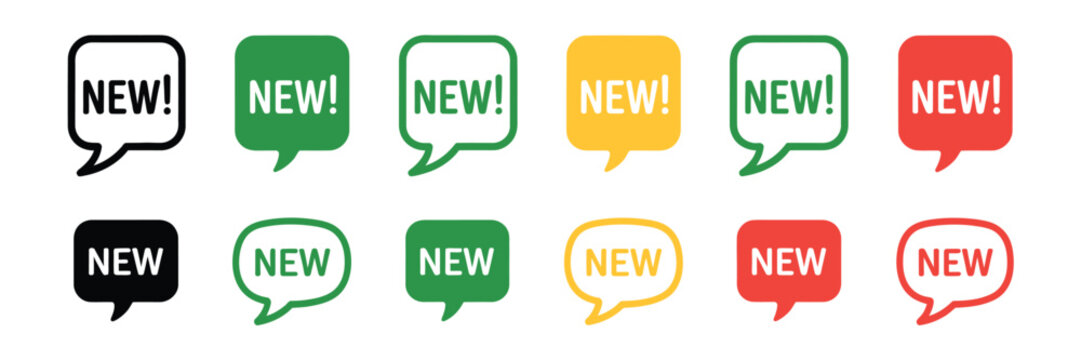 New label with speech bubble, set of vector illustrations featuring new tags, special offer icons, new arrival stickers