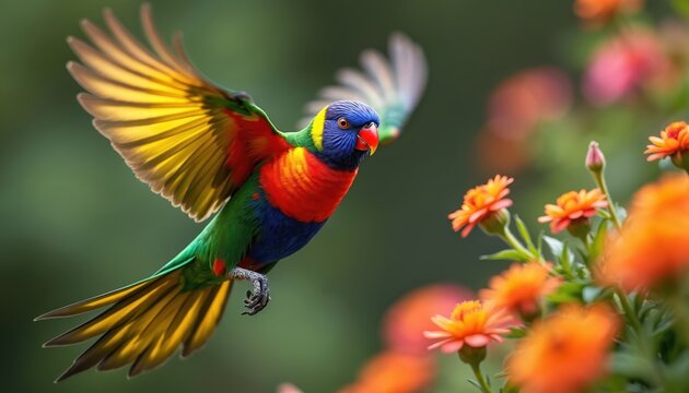 Rainbow lorikeet bird flies near bright orange flowers in nature. Colorful parrot with open wings seeks nectar from plants. Exotic avian fauna in green garden habitat. - Powered by Adobe