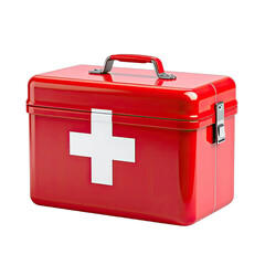Shiny Red Metal First Aid Kit with White Cross on Black Background