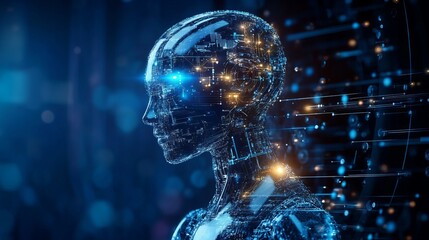 A futuristic digital humanoid robot with glowing blue circuits and wires in a dark technological background