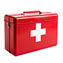 A striking image of a bright red metal first aid kit with a white cross against a stark black background.