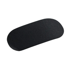 A close-up view of a dark, elongated, rounded rectangular object against a black background.