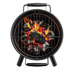 Top-down view of a small charcoal barbecue grill with glowing embers and bright flames against a black background.