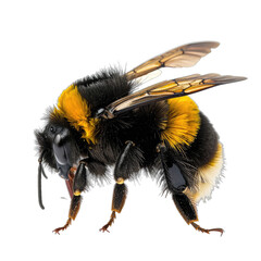A striking close-up macro photograph of a fluffy bumblebee against a stark black background.