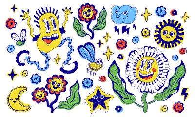 Obraz premium Hand drawn naive illustration set with happy flowers, sun, moon, insects and stars. Playful psychedelic nature characters with joy expression, emotions and freedom. Bright summer fantasy chaos.