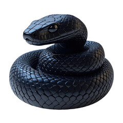 A highly detailed, glossy black snake coiled against a stark black background.