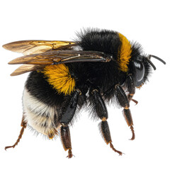 A detailed, high-magnification macro photograph of a fuzzy bumblebee against a solid black background.