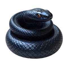 A highly detailed, coiled black snake with reflective scales against a stark black background.