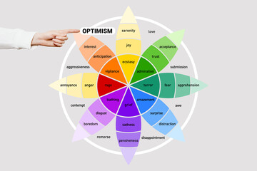 Emotion optimism on the wheel of emotions. Female hand points to the word optimism. Isolated background