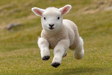 Obraz premium A fluffy white lamb joyfully leaps across a green, grassy field, showcasing innocent glee