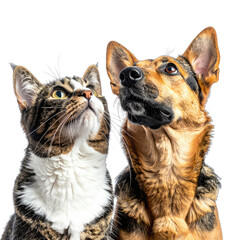 A studio portrait of a tabby cat and a German Shepherd dog looking upwards against a black background.