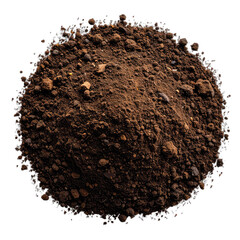 A dark, rich mound of topsoil or potting mix isolated on a black background.