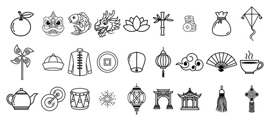 Minimal Chinese culture linear icons: lotus, lucky coin, tea pot, temple, drum, knot, lantern, dumpling and more &ndash; modern black outline vector toolkit