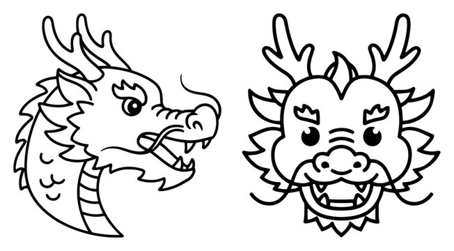 Two expressive Chinese dragon heads &ndash; roaring fierce and smiling friendly &ndash; bold outline black and white vector characters for tattoo, mascot or logo