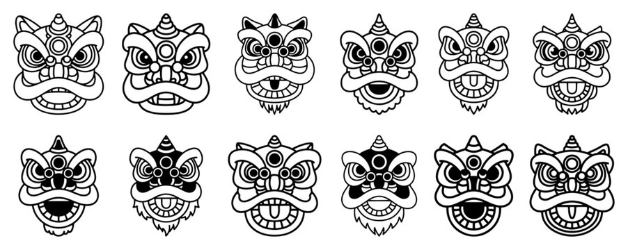 Varied Chinese lion dance mask faces icon set &ndash; collection of festive expressions in clean black outline vector symbols