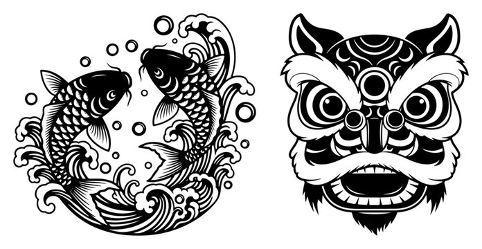 Twin koi carp leaping through waves paired with fierce lion dance mask &ndash; intricate oriental tattoo style black and white vector set