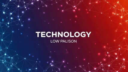 A colorful technology background with a network of glowing nodes and connections in shades of blue red and purple with the word technology
