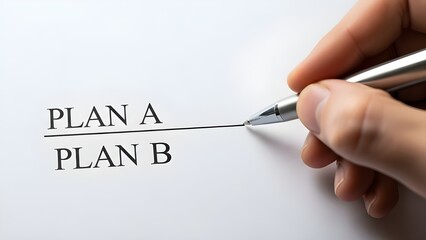 Hand holding a pen poised above document listing plan a and plan b options for decision making