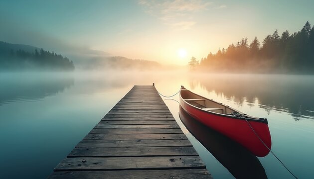 Red canoe rests tied to a wooden pier on a calm lake at sunrise. Mist covers distant pine tree hills. Water reflects serene dawn light. Tranquil nature scene. - Powered by Adobe