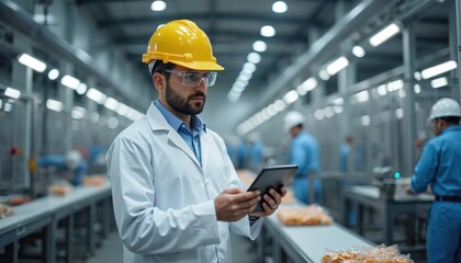 Man in yellow hard hat and white lab coat uses tablet to monitor food production line. Workers in blue uniforms operate machinery on conveyor belts. Factory environment.