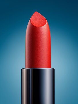 Barra de labios roja sobre fondo azul, Mockup para marca de cosm&eacute;ticos rojos, Primer plano de l&aacute;piz labial color carm&iacute;n, Campa&ntilde;a de publicidad para labiales mate