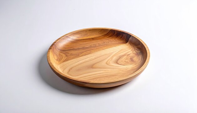 Round Wooden Plate on White Background