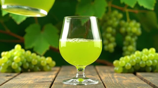 Green grape juice pouring from a glass jug into a clear glass on a rustic wooden table with green grapes in the background.