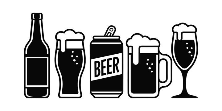 Black and white of beer bottle can and glasses with foam and bubbles vector illustration isolated on white background.