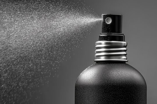 Spray negro con l&iacute;quido saliendo a presi&oacute;n, Mockup para marca de fragancias, Fondo elegante para publicidad de productos de belleza
