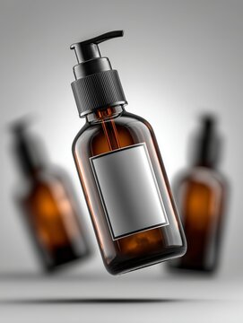 Botella &aacute;mbar flotando con dispensador para cosm&eacute;tica natural, Envase dosificador marr&oacute;n para jab&oacute;n o loci&oacute;n, Mockup de packaging para marca de cuidado personal