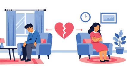 Fototapeta premium Modern flat vector illustration of man and woman sitting apart on sofa after breakup, emotional distance in home interior, ideal for relationship concepts