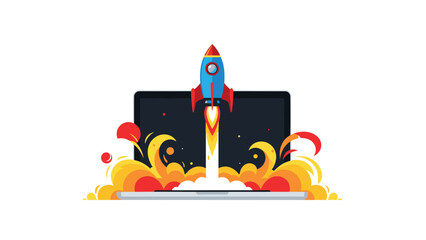 Dynamic rocket launching off a laptop screen with vibrant flames and smoke, symbolizing startup success, rapid growth, and business innovation.