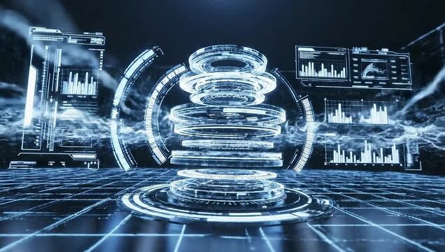 Futuristic database concept with neon blue circuits and data visualization