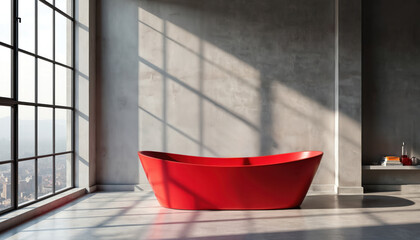 Red bathtub inside modern loft apartment with large window overlooking cityscape. Sunlight creates dramatic shadows on concrete walls and floor. Minimalist interior decor.