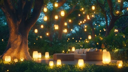 Enchanted Garden with Lanterns: Experience the serenity of a magical outdoor retreat, illuminated by a myriad of warm, inviting lanterns suspended from the embracing branches of majestic trees.