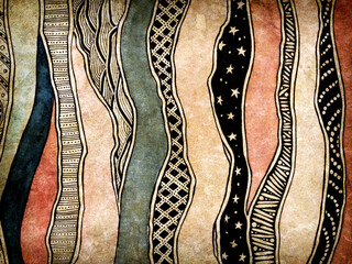 Abstract vintage grunge background with hand drawn vertical wavy lines and geometric boho patterns on old paper texture