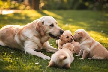 Golden retriever mother with adorable playful puppies in green grass
