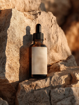 Frasco &aacute;mbar con gotero sobre roca natural, Aceite esencial en frasco de vidrio marr&oacute;n con etiqueta en blanco, Mockup para cosm&eacute;tica natural y minimalista, Branding para marca de aceites esenciales de