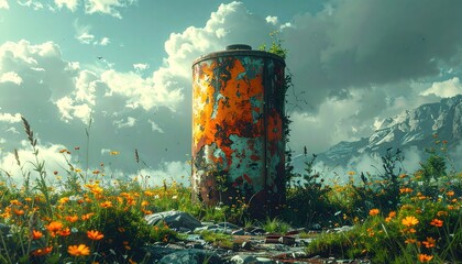Rusty Orange Barrel in Wildflower Meadow