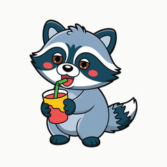Cute cartoon raccoon character holding a cup with a straw and drinking a beverage animal vector illustration isolated on white background. © MSTFERDOUS