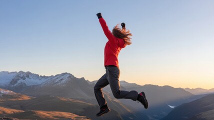 Mountain Peak Triumph: A spirited individual joyfully leaps against the backdrop of majestic mountains, embodying freedom and personal success.