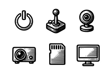 Retro technology: hand-drawn tech icons featuring gadgets and gaming devices