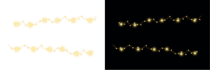 Garland glowing with fairy lights and ribbons on Christmas holiday banner for celebration.
