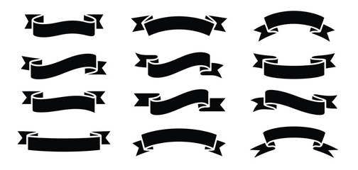 Ribbon set, tape blank black glyph collection with decorative silhouette icons, vintage outline design