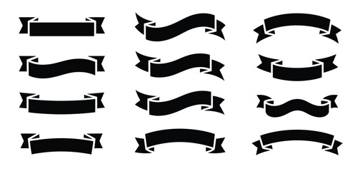 Ribbon set, collection of blank black tape glyphs and decorative ribbon silhouettes, vintage outline style, text banner tapes for web icons, digital design