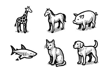 Vintage animal engravings: giraffe, horse, pig, shark, cat, dog illustrated collection