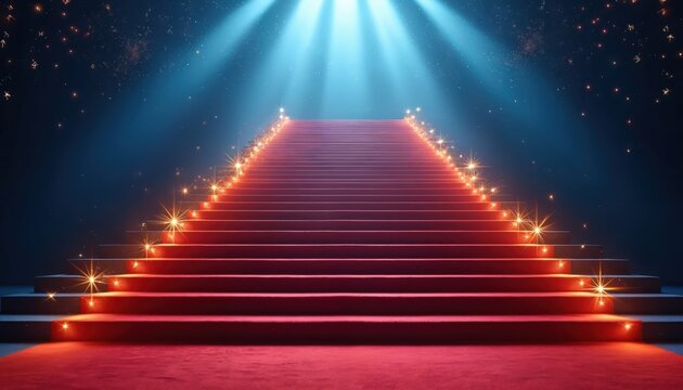 Grand staircase covered in red carpet leads to bright spotlight beams. Sparkling lights and glowing particles adorn the dramatic scene at night, signifying prestige and an exclusive event.