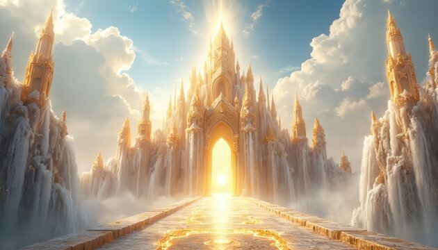 Golden celestial palace built from crystal sits in sky waterfalls. Radiant light shines from ornate arches, leading onto path. Clouds and blue sky frame this majestic fantasy architecture.