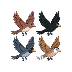 Obraz premium Four cartoon birds in flight brown black and grey with orange beaks and black outlines flying animal vector illustration isolated on white background