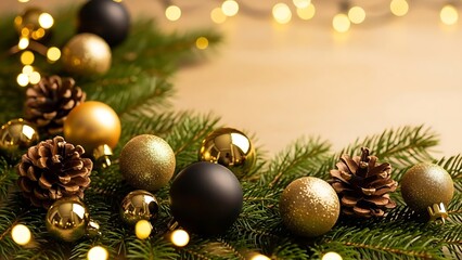 Elegant christmas composition with golden and black baubles, pine cones, and glowing lights